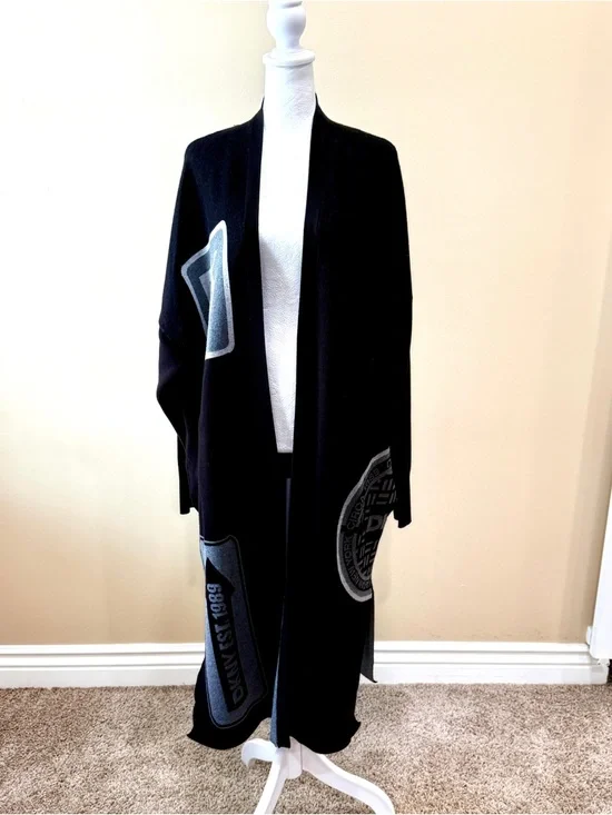 DKNY Black Oversized Patch Logo Cardigan Longline Duster Sweater Size M/L NWOT - Picture 6 of 10